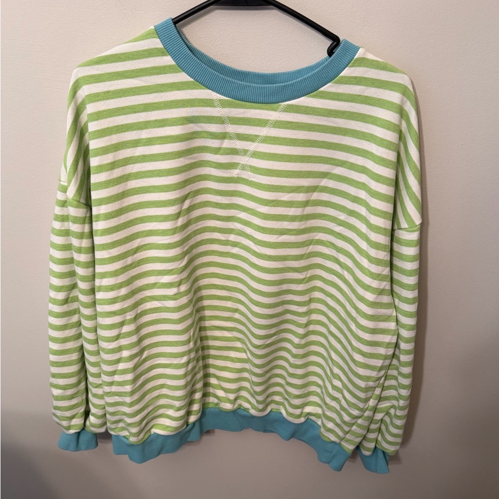 Green and White Striped Crewneck Sweatshirt with Blue Trim